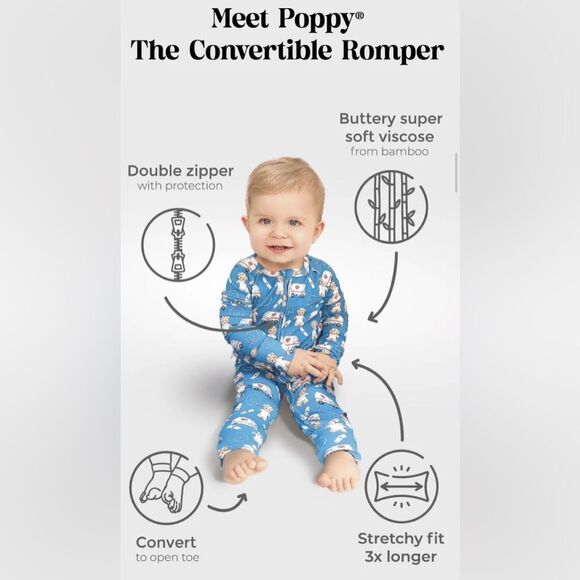 NWOT LEV Baby Boy Bamboo Convertible One Piece Romper Footie Blue Pajamas 12-18M - Picture 14 of 16